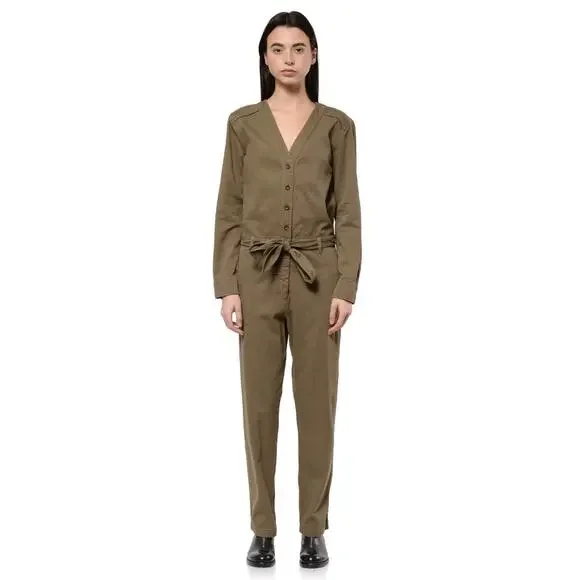 New Xirena Wylder Jumpsuit Olive Green Button Belted Pockets Straight Leg Sz M